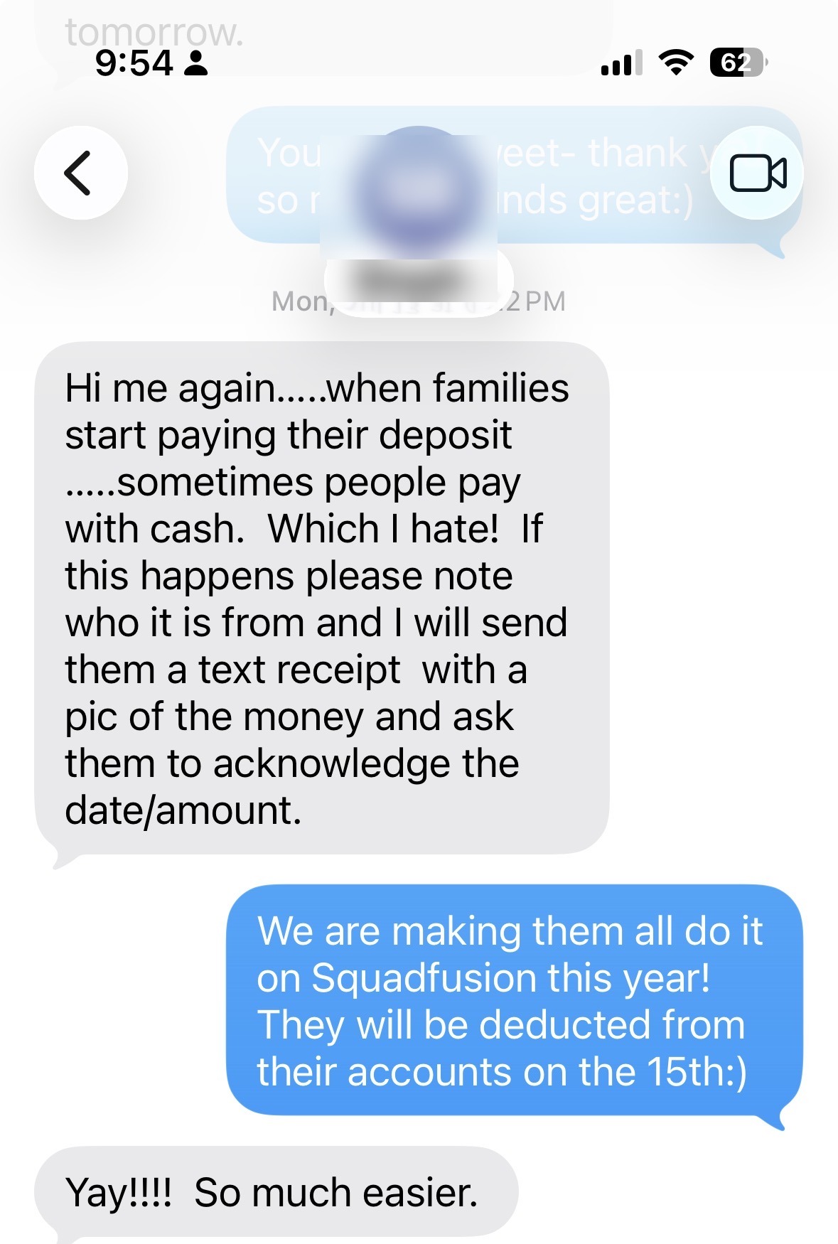 Text conversation describing how SquadFusion made recurring payments easier