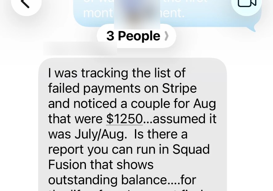 Text message asking how to find an outstanding balance in SquadFusion