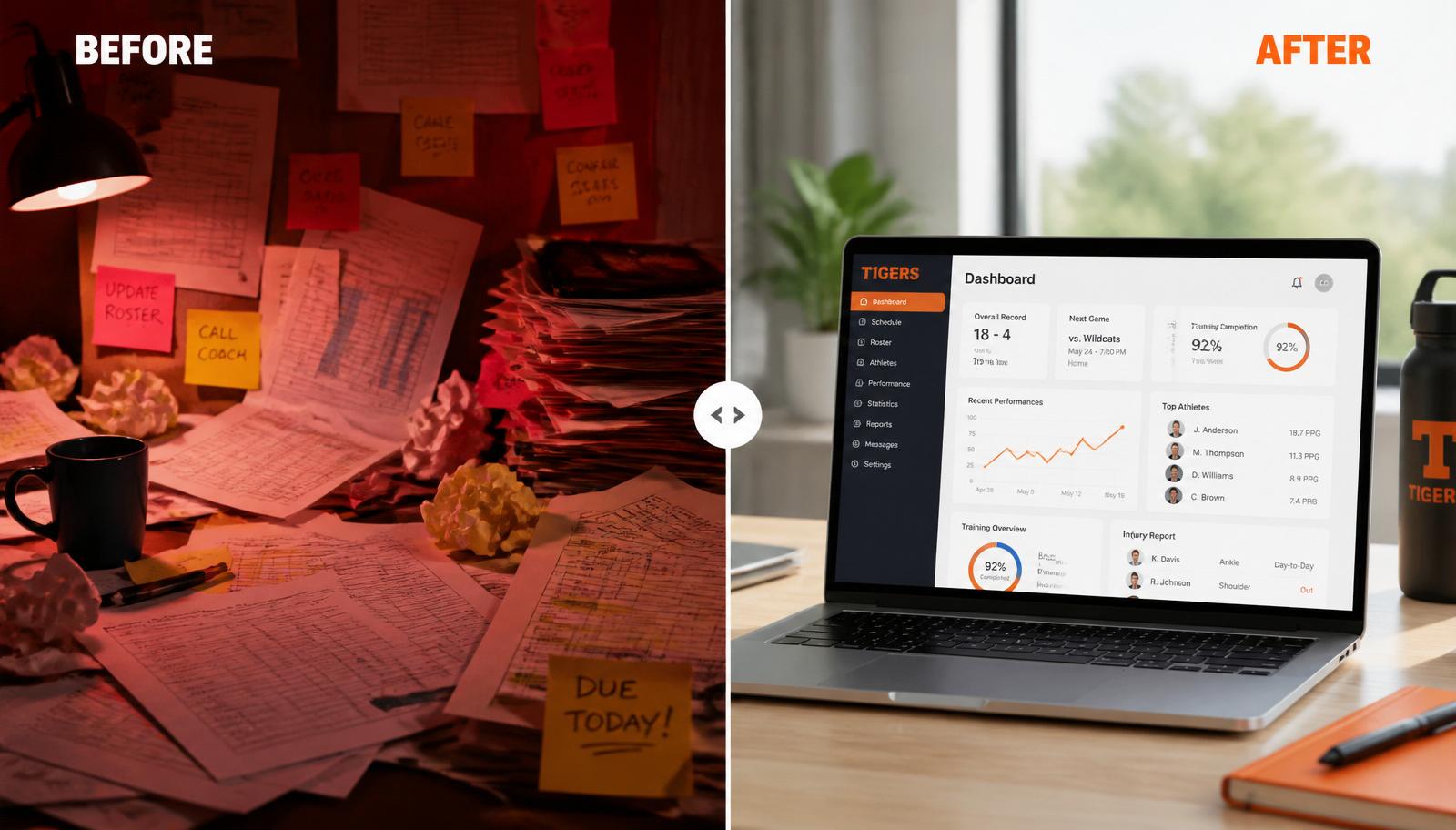 Before and after: chaotic paper-based league admin vs. clean SquadFusion dashboard