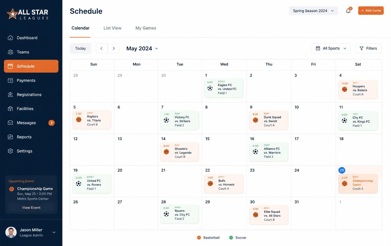 SquadFusion schedule calendar with games and practices