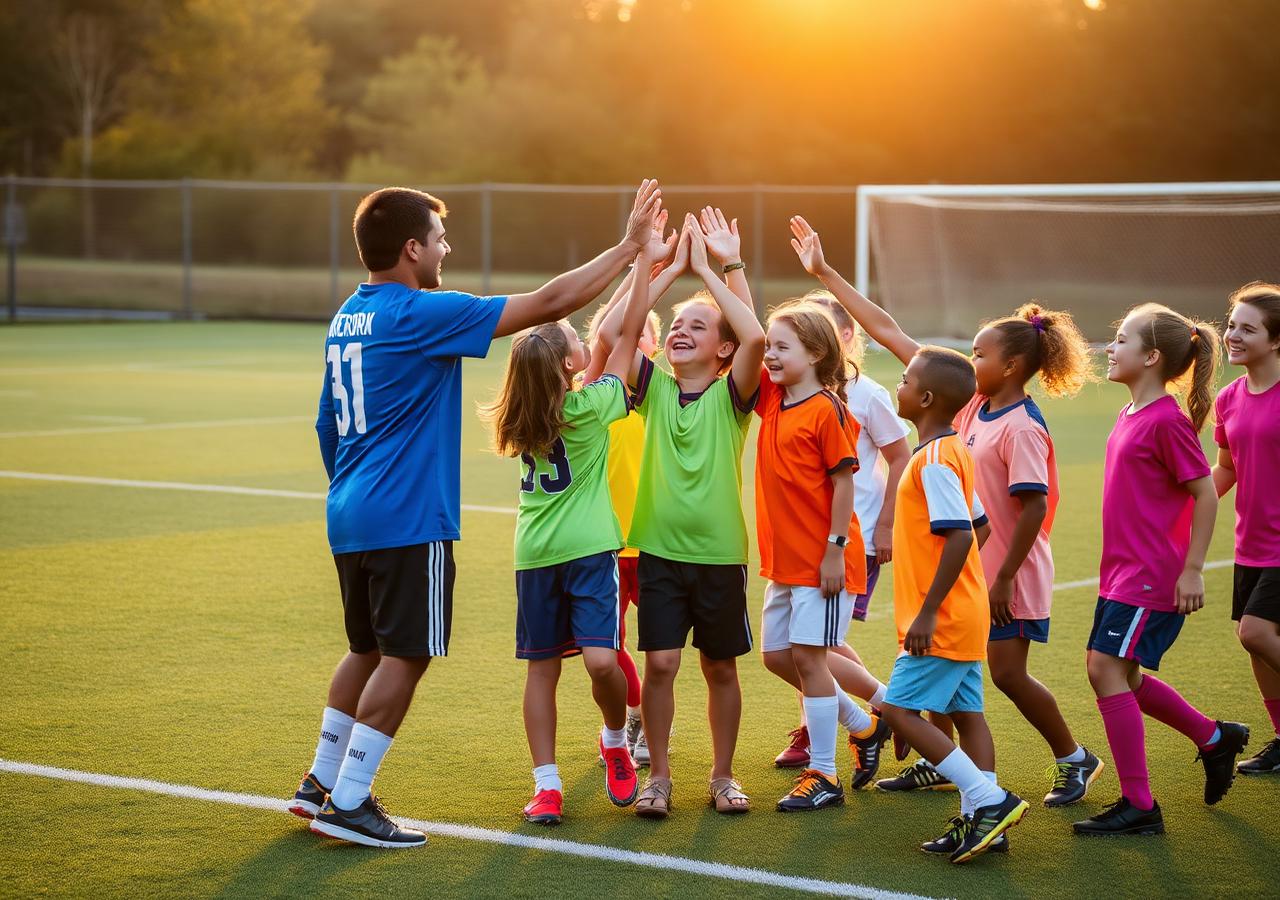 Youth team celebrating on a soccer field at sunset